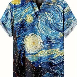 Men's "Starry Night" Button Down Casual Dress Shirt Size Extra Large